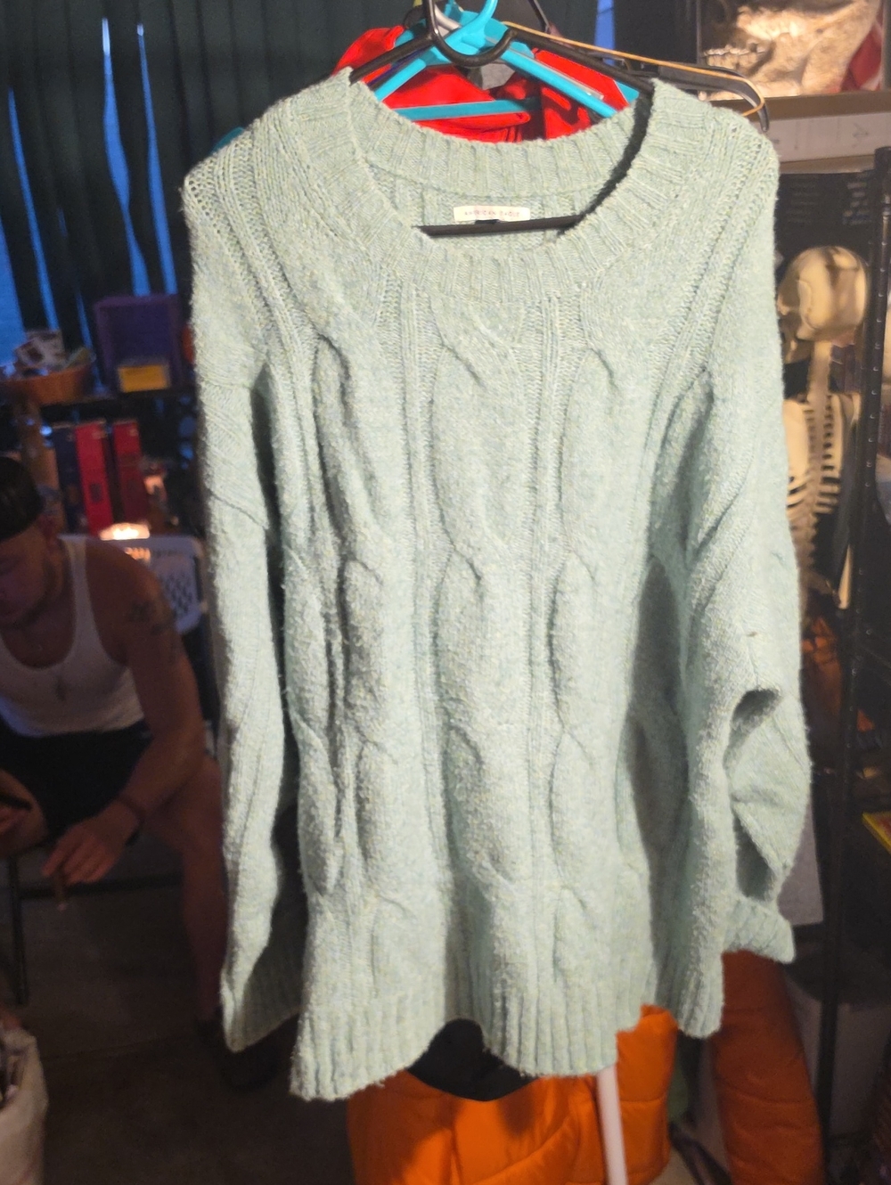 Mens American Eagle Outfitters Light Aqua Cable Knit Crewneck Sweater